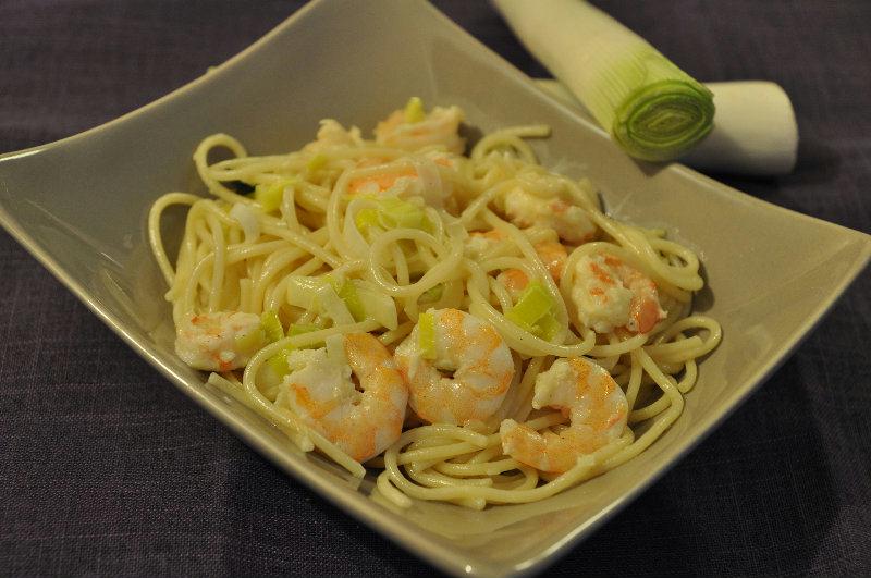 Spaghetti aux Crevettes et crème de Poireau