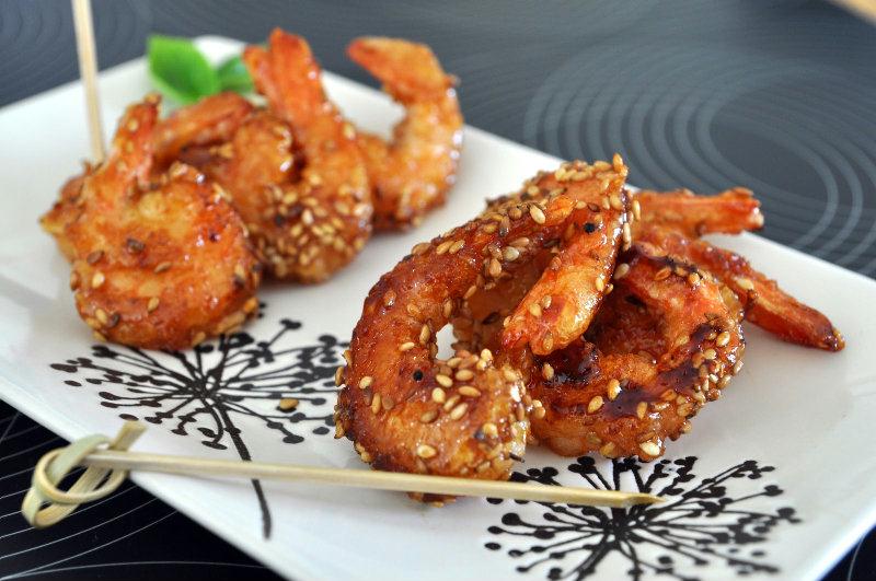 Crevettes au miel et au sésame